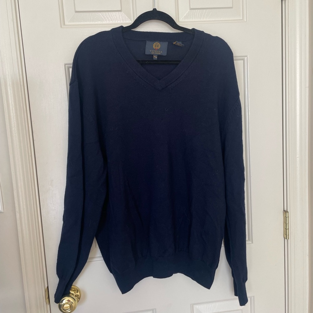 Viyella 100% Merino Wool Sweater Navy Blue V-Neck Pullover Classic Knit | XL